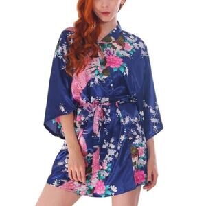 Women's Peacock and Blossoms Printed Silk Satin Kimono Short Robe Size Small
